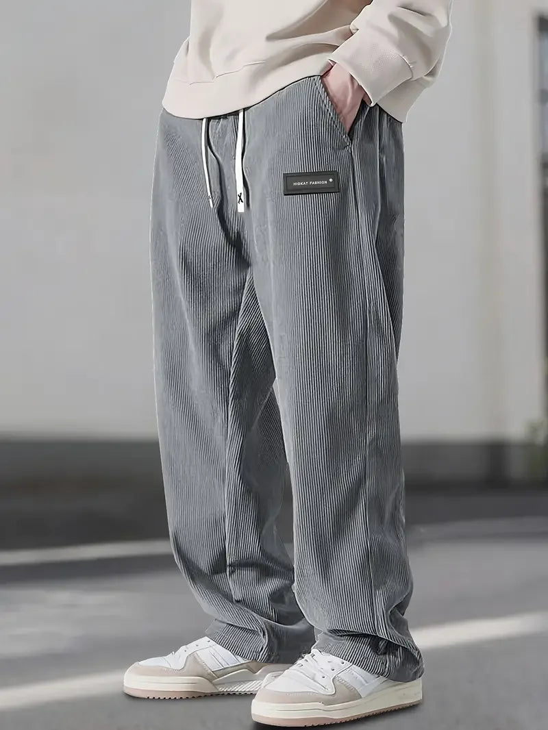 Men's wide-leg corduroy pants in wide-wale texture with elastic drawstring waist streetwear fit