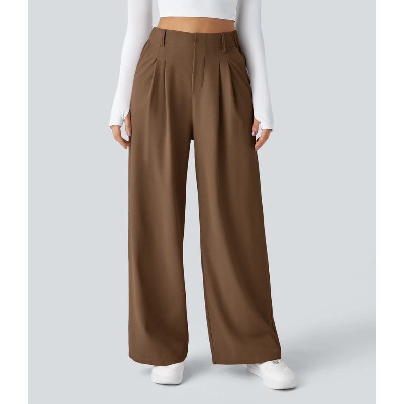 Women's high-waisted waffle knit wide-leg pants relaxed fit stretch workwear trousers