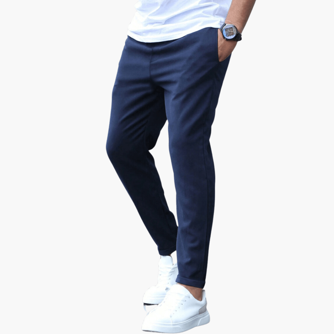 Men's slim-fit stretch trousers in neutral tone, adaptive flexible waistband for all-day comfort