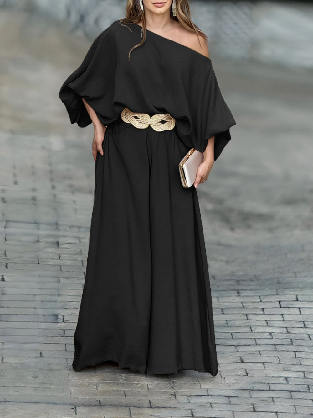 Women's off-shoulder lantern sleeve cotton top and pants set with elastic waist and embossed texture