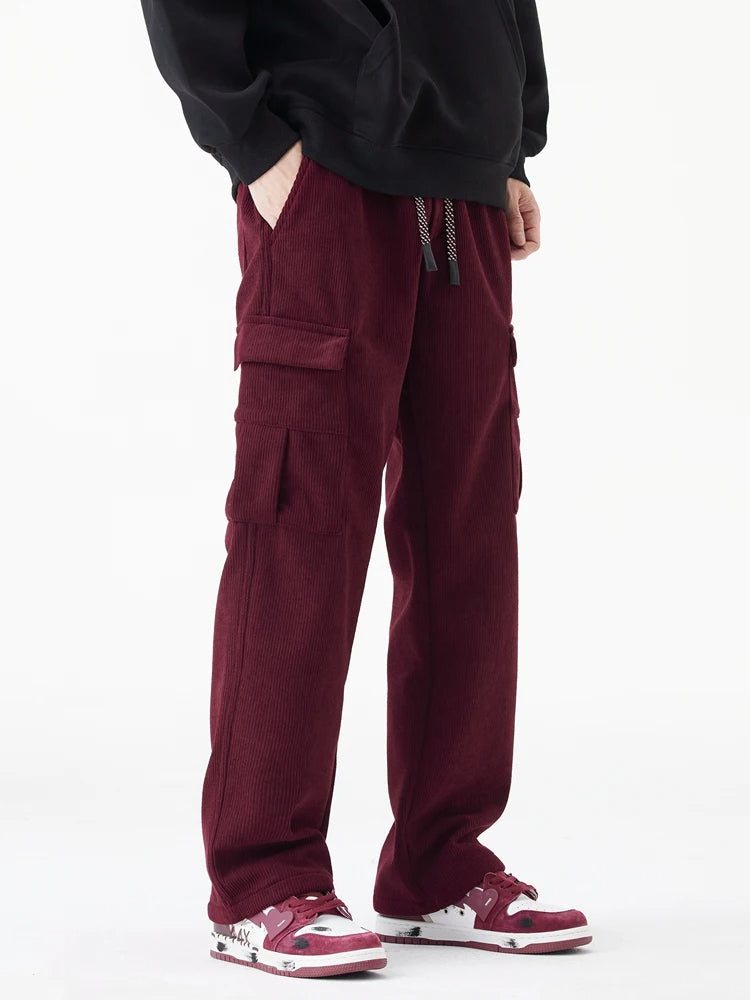 Warm beige corduroy cargo pants fleece-lined straight leg streetwear style with multiple pockets