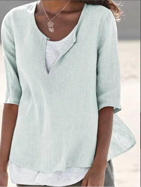 Women's layered casual blouse split neckline breezy lightweight double-layer silhouette effortless style