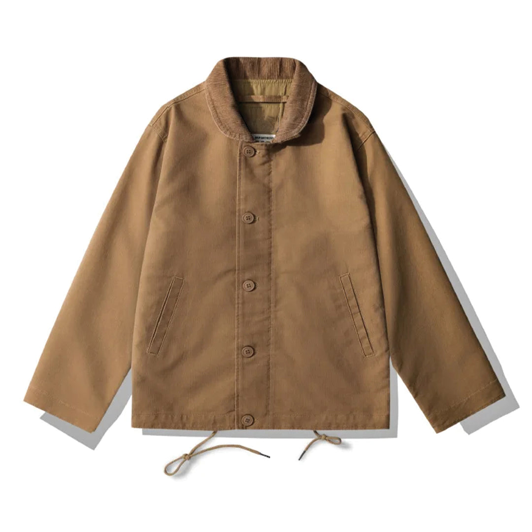Olive green cotton trail jacket with corduroy collar and adjustable hem for outdoor wear