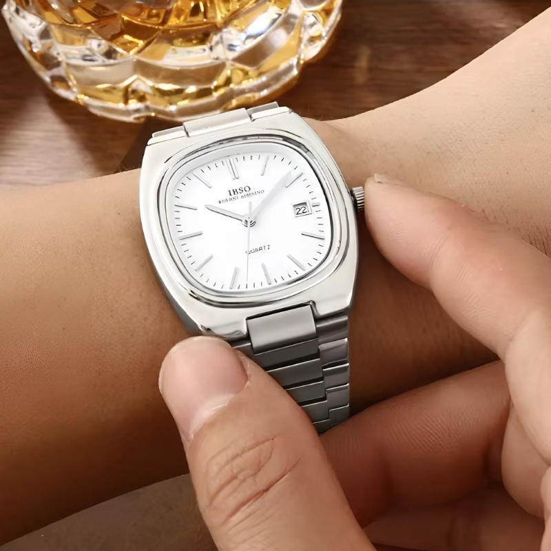 Aviere slim watch polished stainless steel rounded square case water resistant timepiece