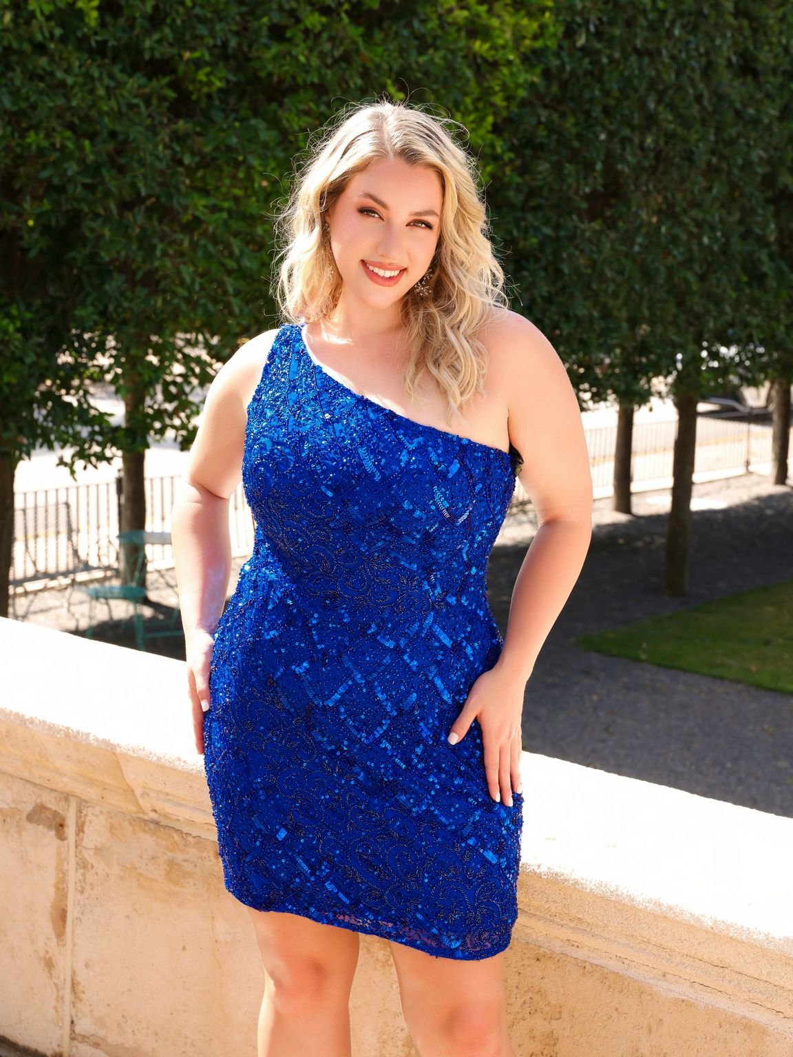 Sparkling sequin mini one-shoulder prom dress in glamorous short silhouette by Primavera Couture