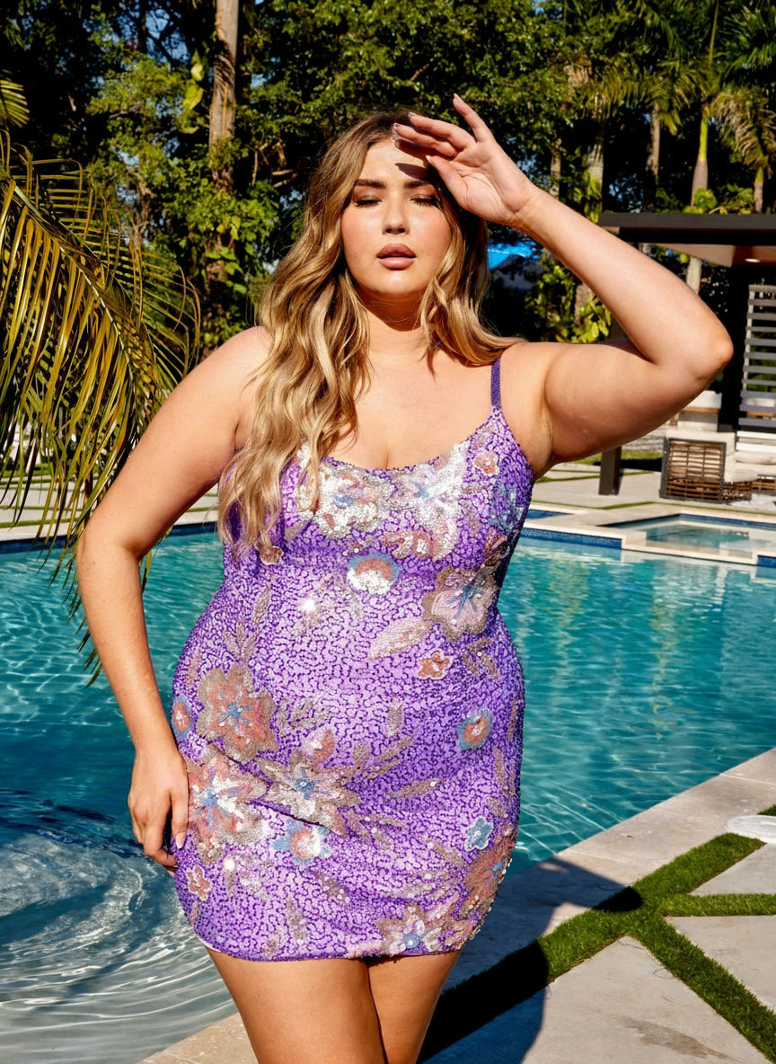 Sparkling sequined plus size short homecoming dress in mesh fabric for curvy women
