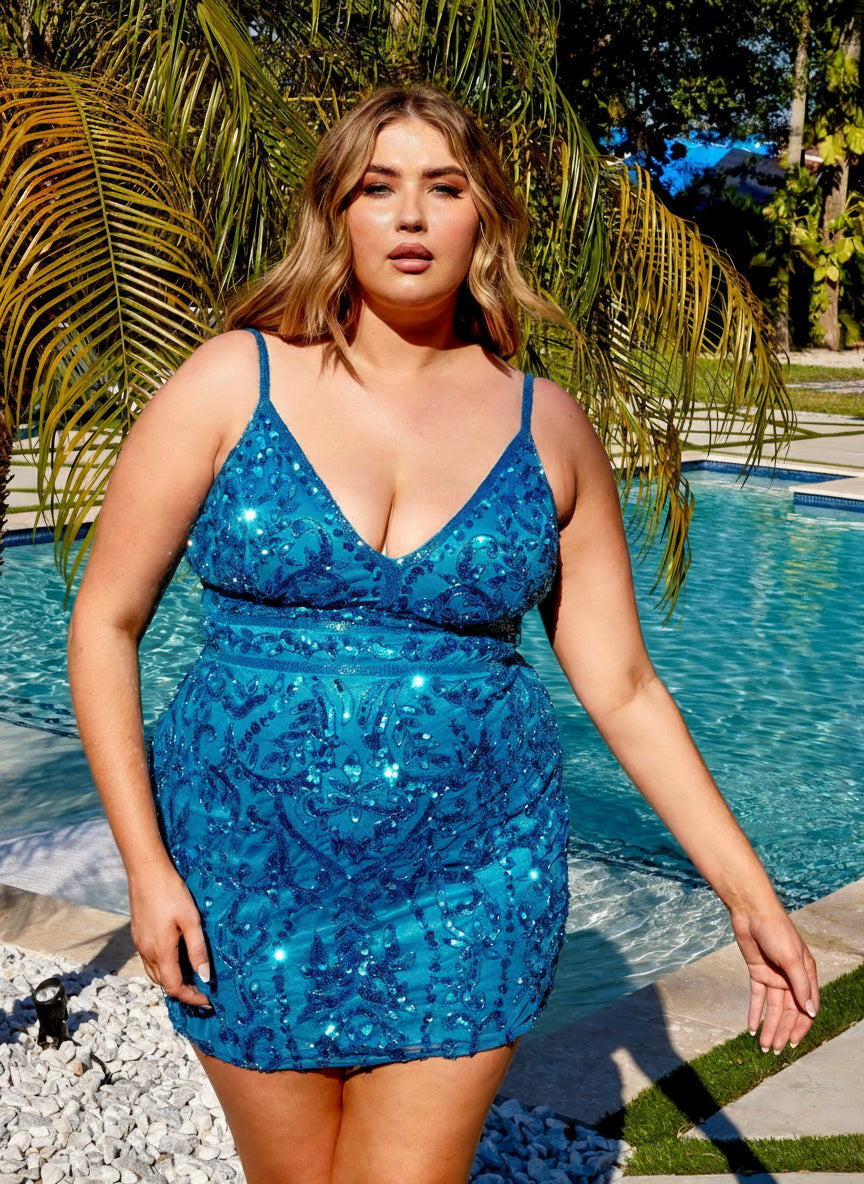 Short plus-size fitted sequined prom dress with allover shimmer, curve-hugging silhouette by Primavera Couture