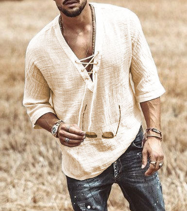Men's relaxed-fit cotton shirt with lace closure neckline, breathable everyday casual style