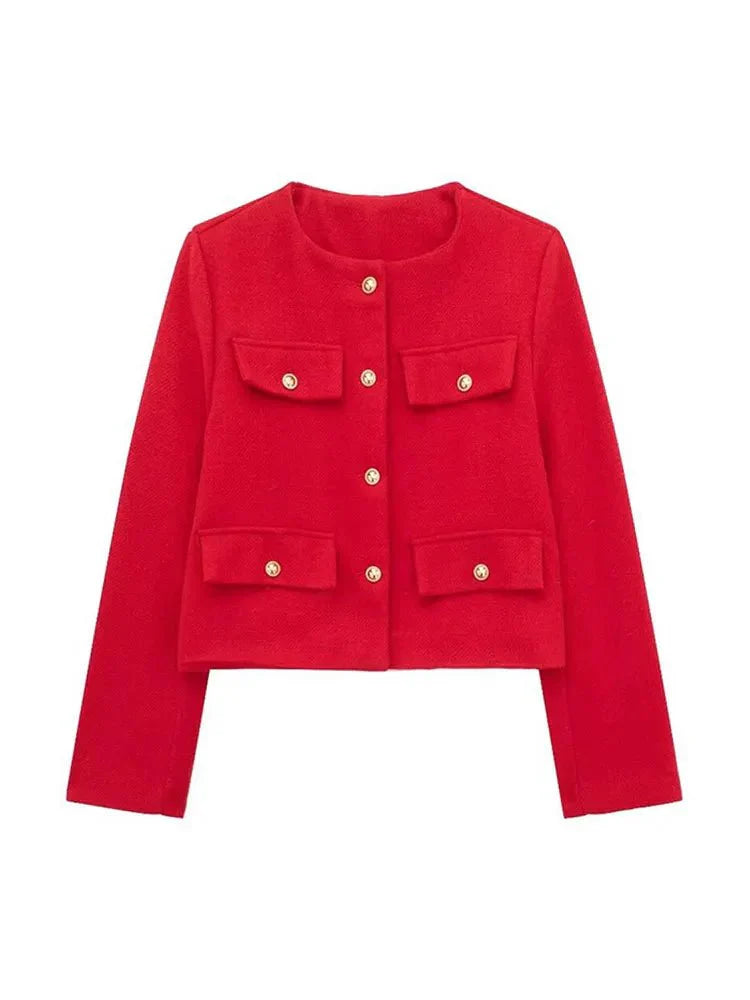 Women's short structured jacket in neutral tone with tailored fit and distinctive gold button closure details