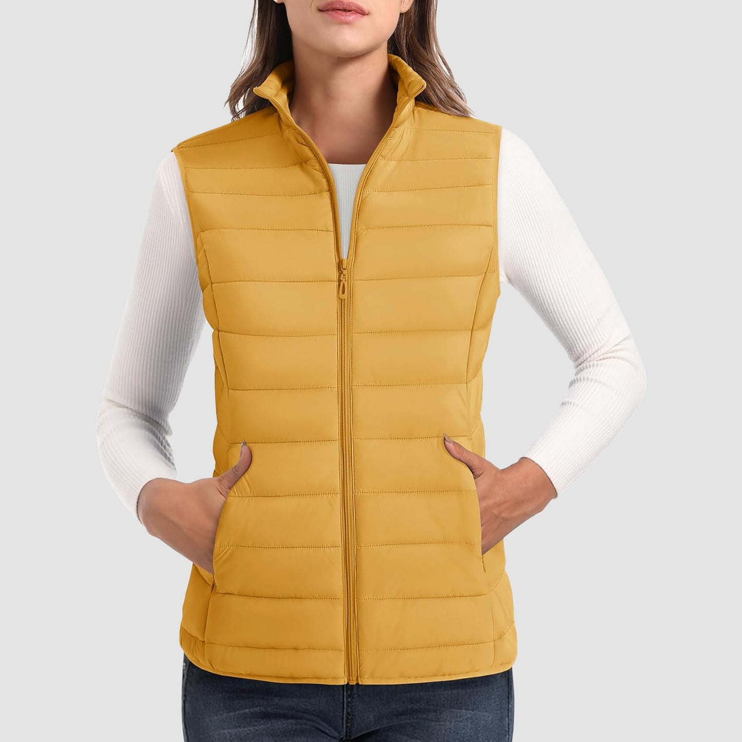 Women's ultralight puffer vest stand collar 4-pocket water-resistant nylon sleeveless quilted jacket
