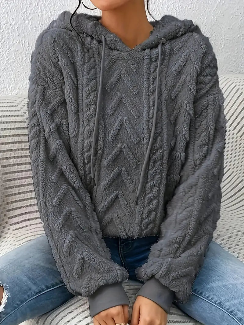Women's oversized plush knit pullover hoodie in cozy fleece with cable-knit texture loungewear