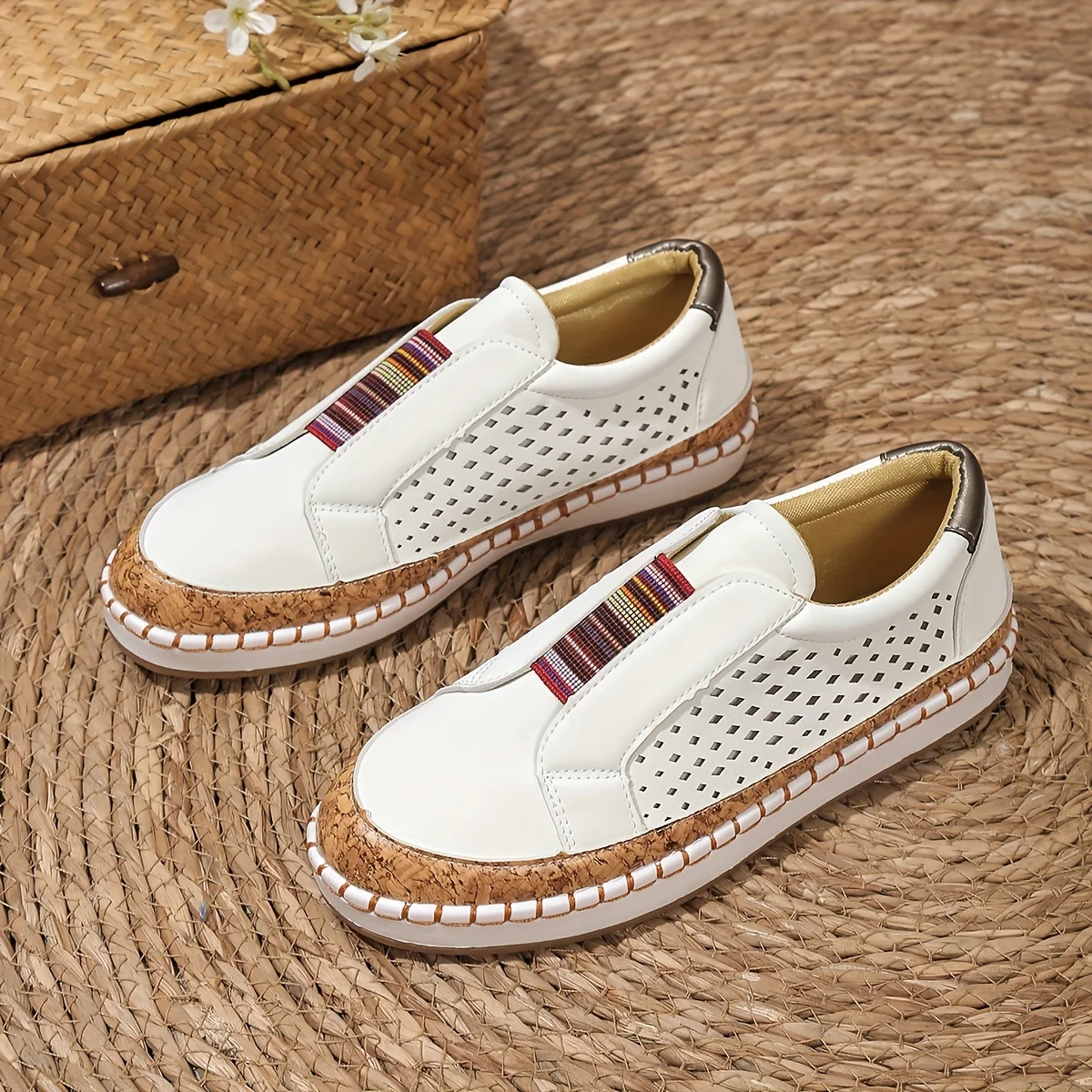 Women's white loafers openwork pattern slip-on design with elastic insert for breathable comfort