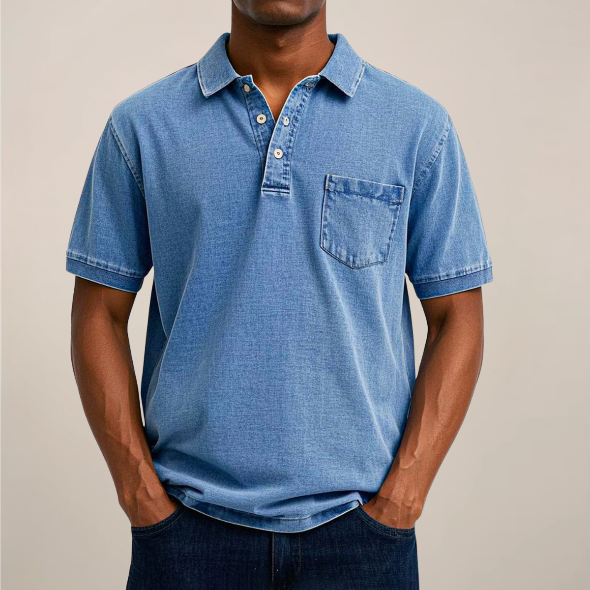 Men's relaxed fit denim polo shirt in blue with chest pocket and soft denim-inspired texture