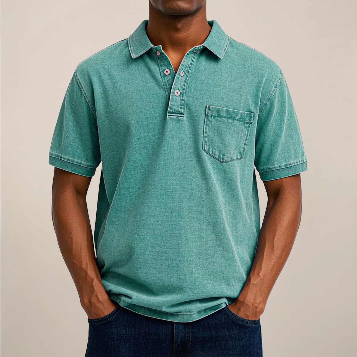 Men's relaxed fit denim polo shirt in blue with chest pocket and soft denim-inspired texture