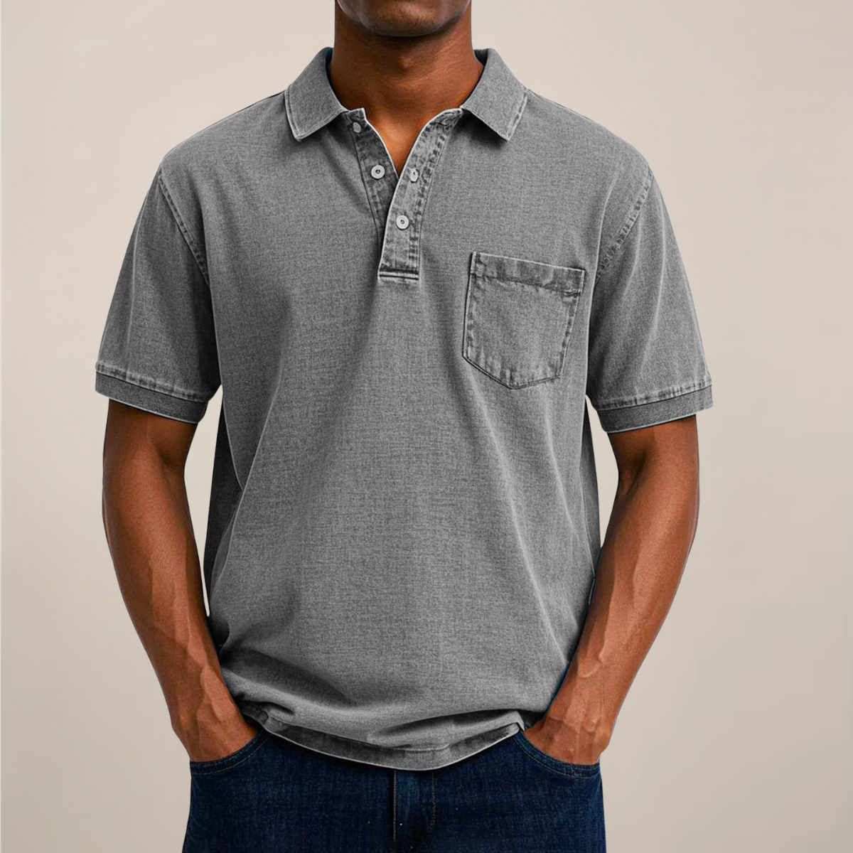 Men's relaxed fit denim polo shirt in blue with chest pocket and soft denim-inspired texture