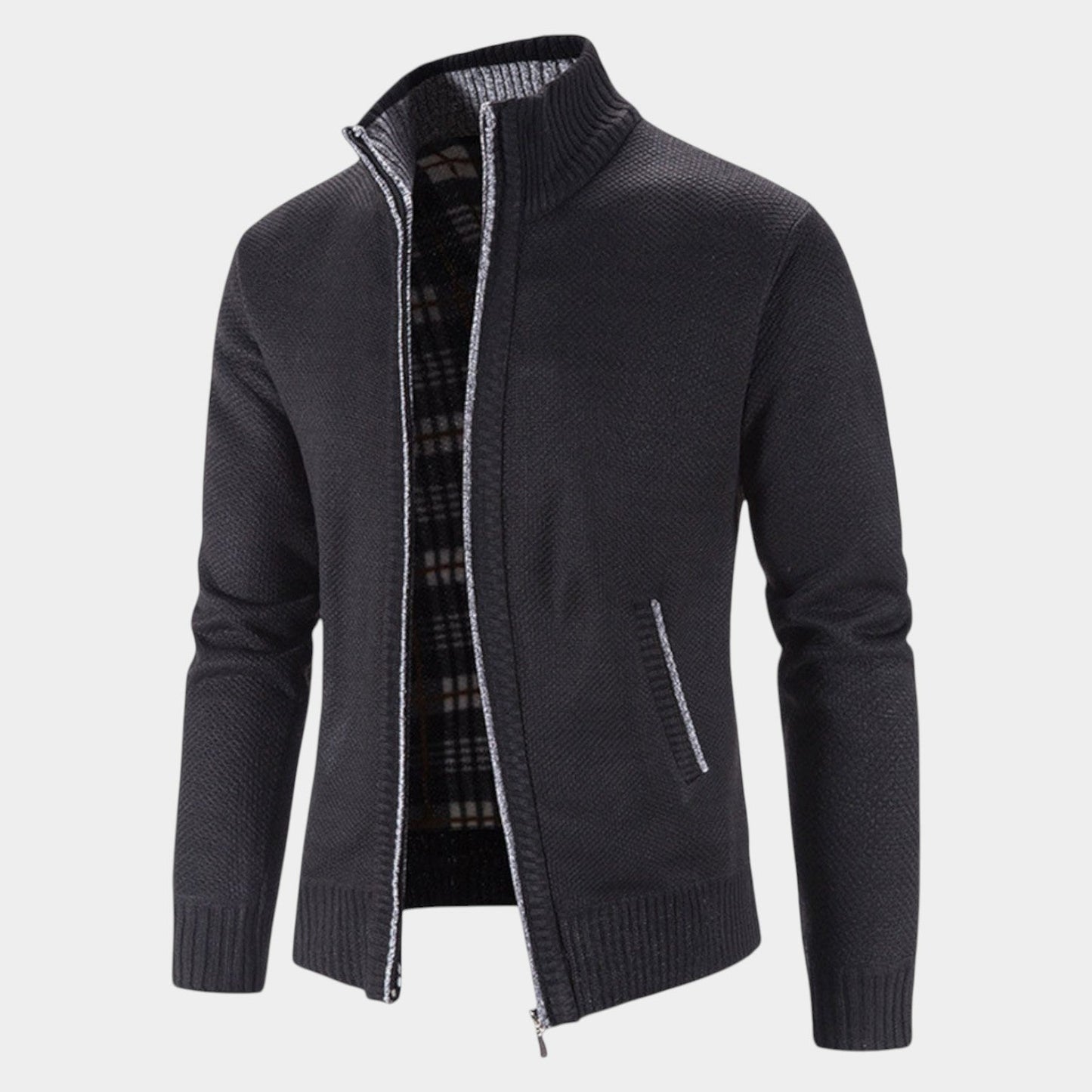 Men's gray knit cardigan with zipper closure and stand-up collar for everyday warmth