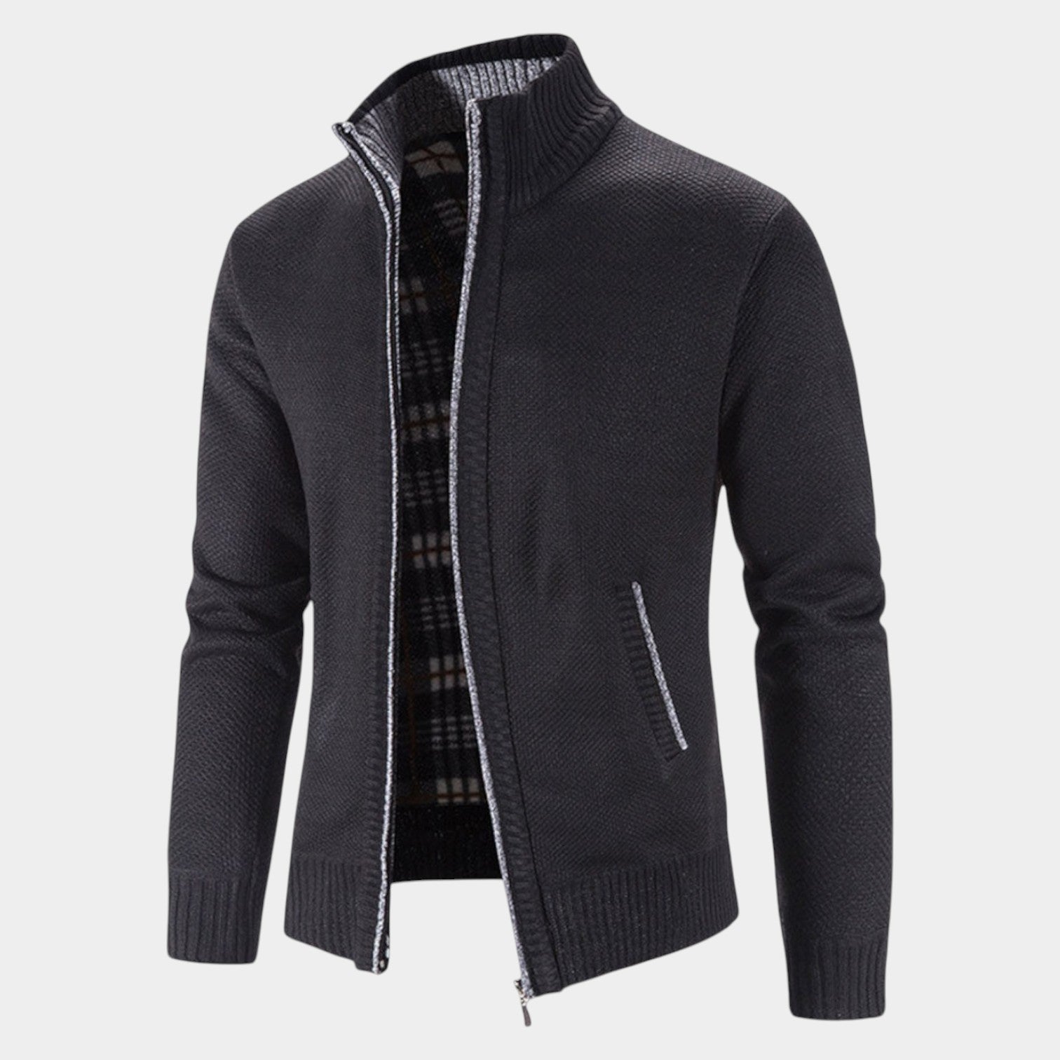 Men's gray knit cardigan with zipper closure and stand-up collar for everyday warmth