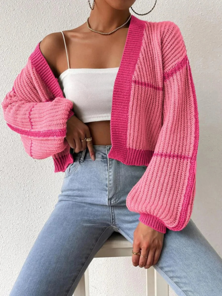 Women's cropped color block cardigan chunky ribbed knit open front lightweight breathable layer
