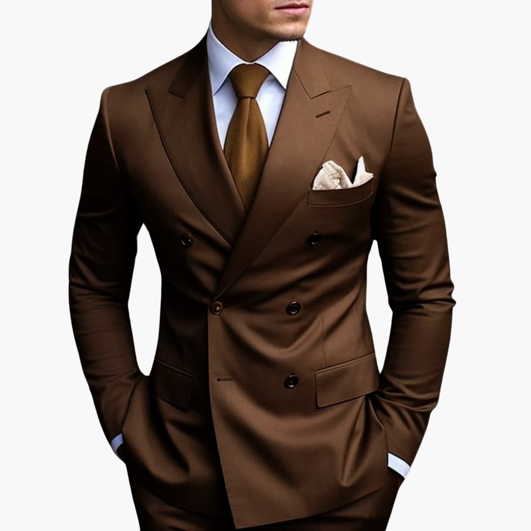 Men's navy blue double-button notched lapel suit set with straight-leg pants modern tailoring