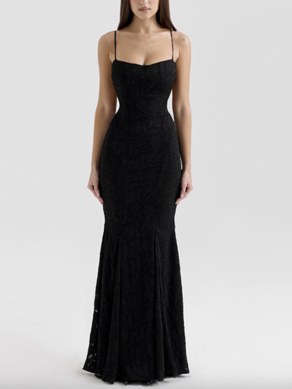 Romantic burnout lace fishtail maxi dress with open back tie detail and delicate ribbon closure