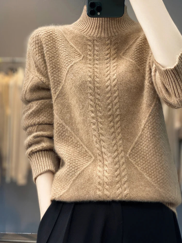 Women's ivory cashmere cable knit turtleneck sweater with cozy high neck for winter layering