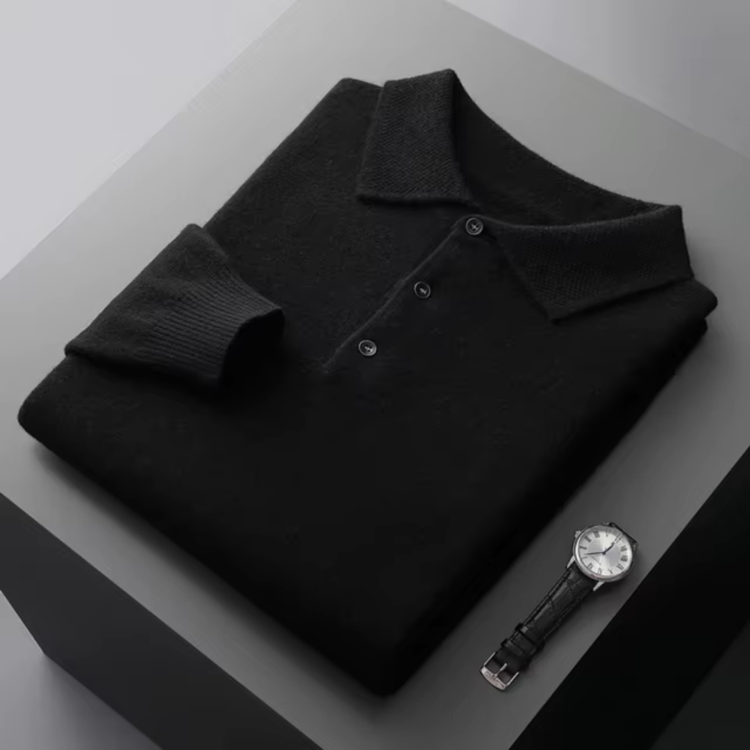 Men's merino wool polo sweater standard fit with button closure and ribbed edges breathable warmth