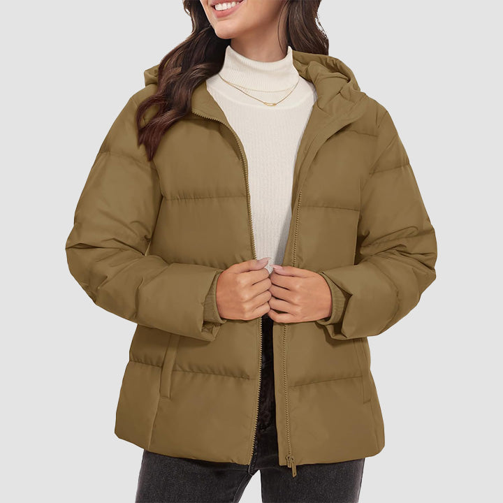 Women's lightweight quilted hooded down jacket winter coat with pockets, slim thermal silhouette