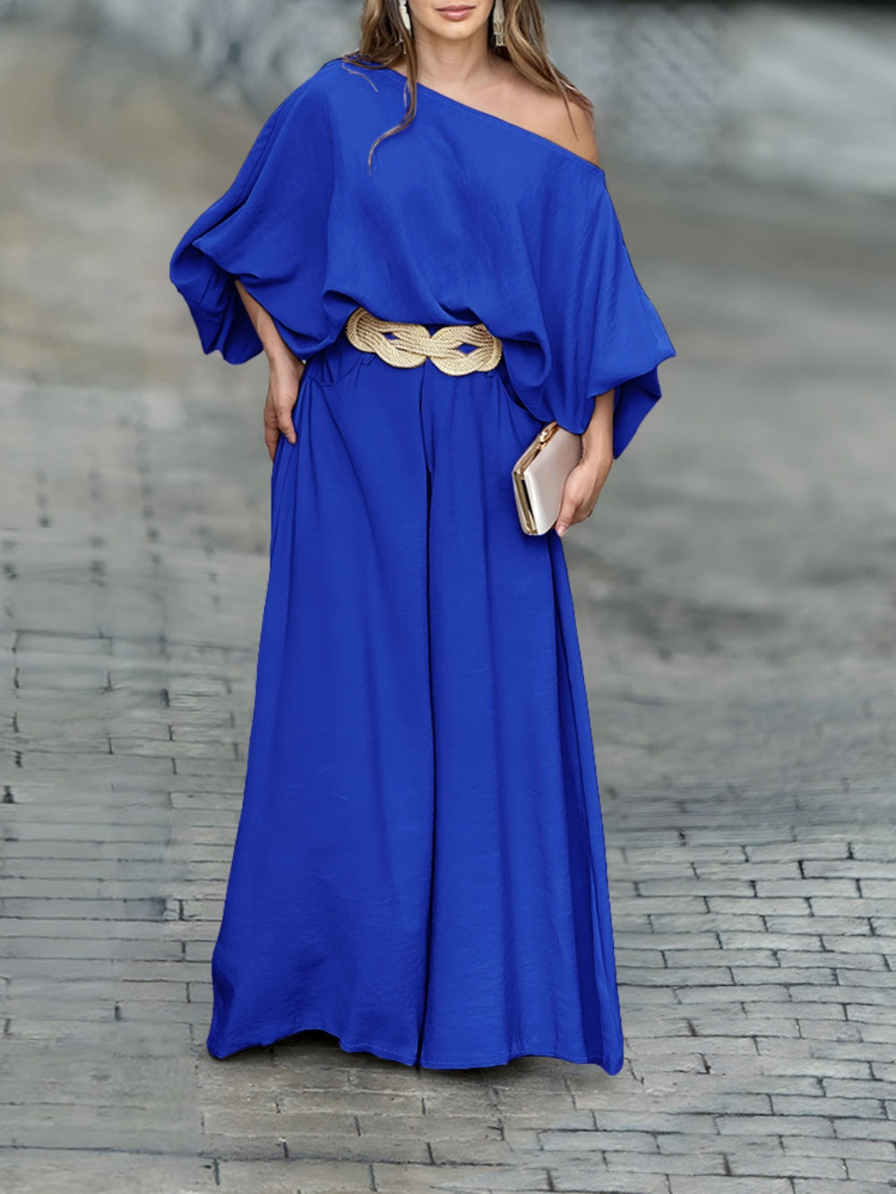 Women's off-shoulder lantern sleeve cotton two-piece set with elastic waist pants, solid color embossed texture