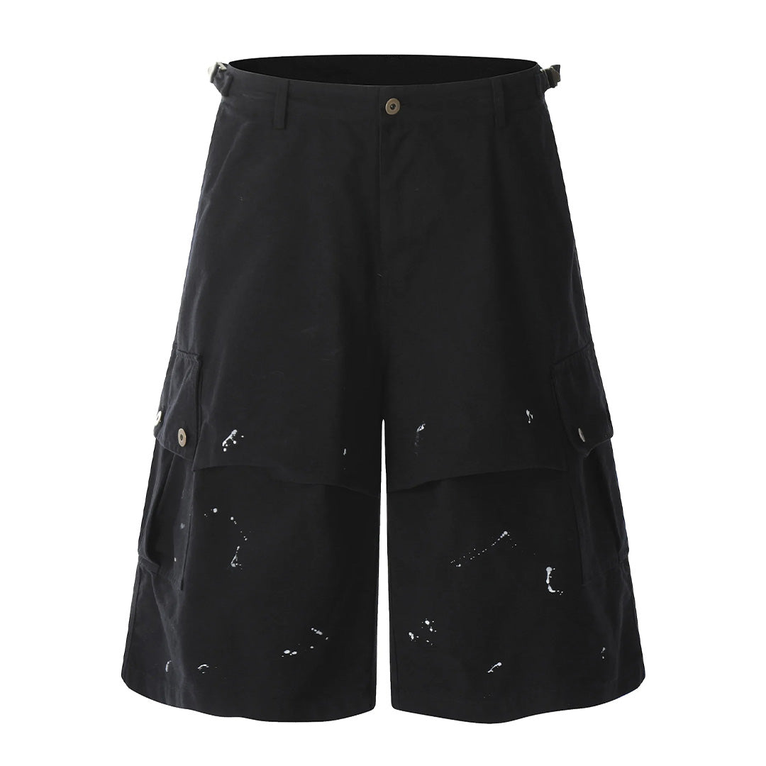 Oversized wide-leg cargo shorts distressed fade paint accents streetwear calf-length cotton multi-pocket