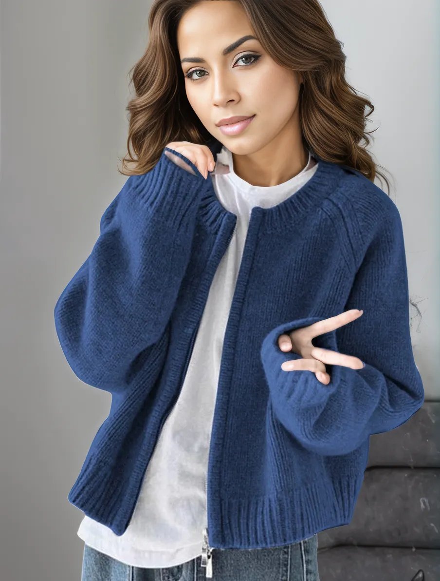 Women's solid blue fine knit cardigan long sleeve cozy wool blend autumn winter essential