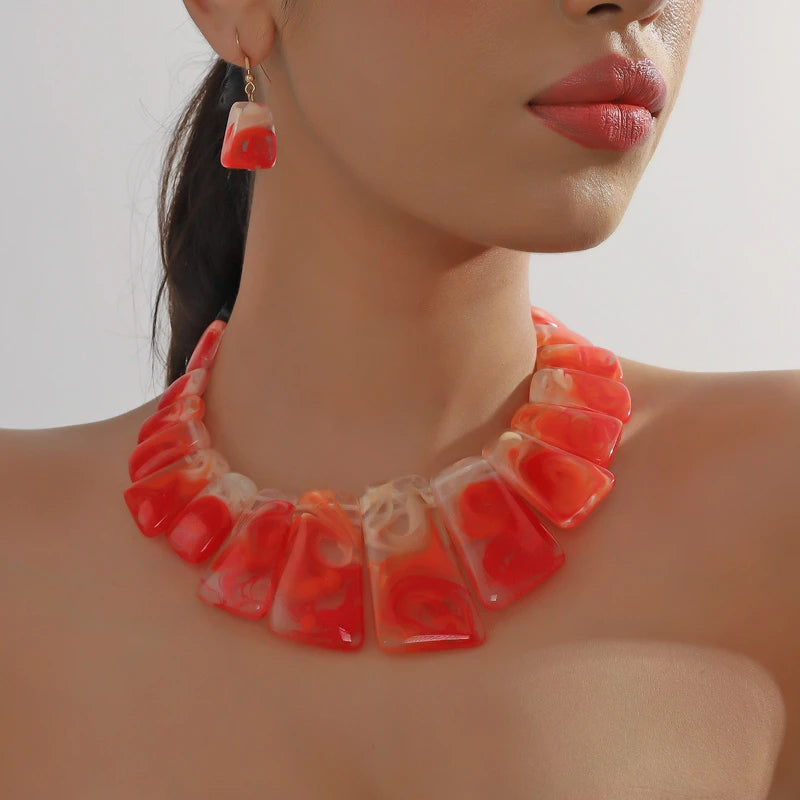 Aurora marbled resin collar necklace earring set bold geometric swirling hues statement jewelry