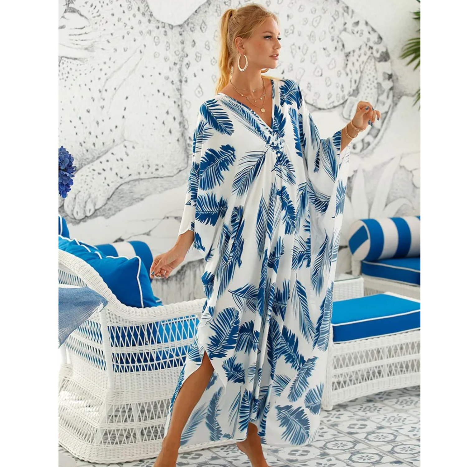 Women's loose fit V-neck kaftan beach cover-up, light airy fabric with bohemian style