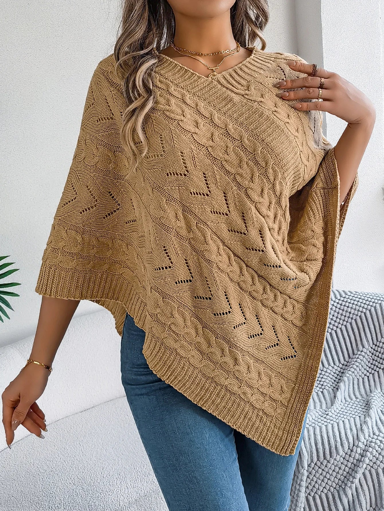 Women's cable knit sweater poncho asymmetric drape openwork pattern midweight acrylic blend