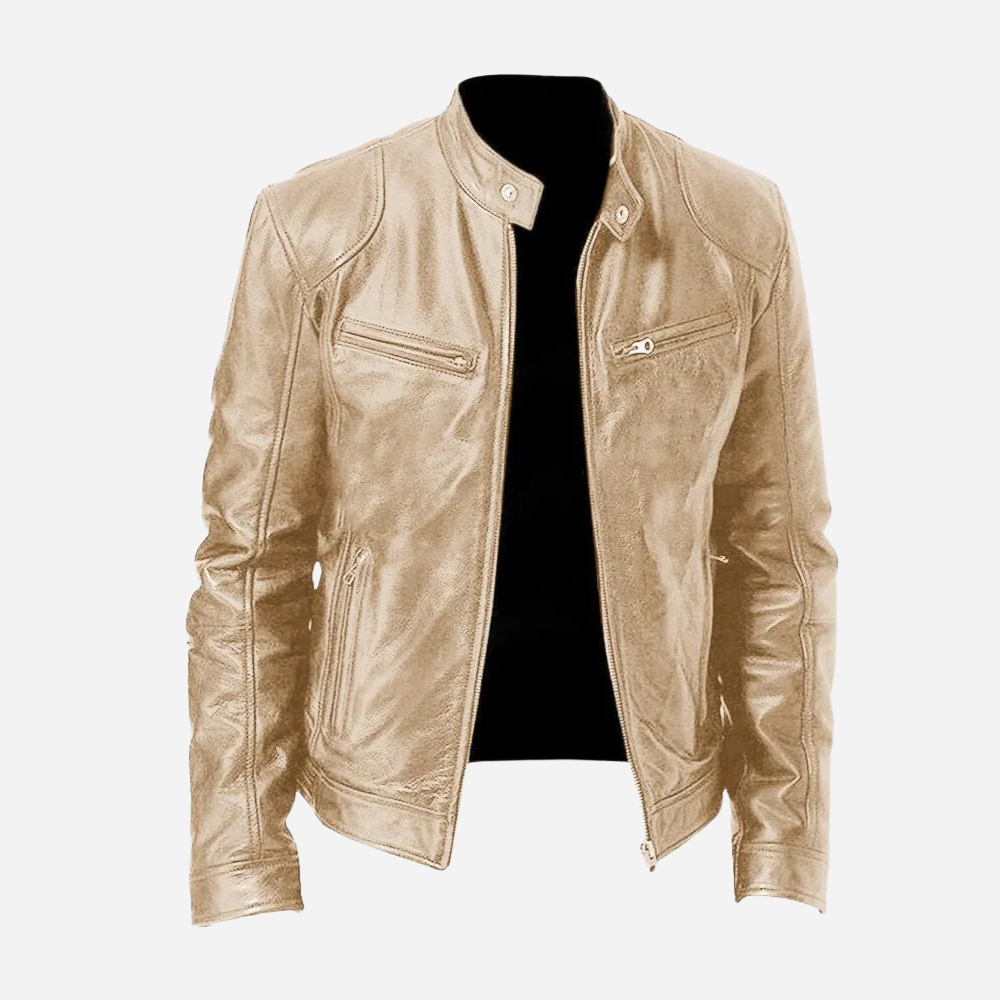 Men's genuine leather slim fit biker jacket in black with snap-tab collar and zipper closure