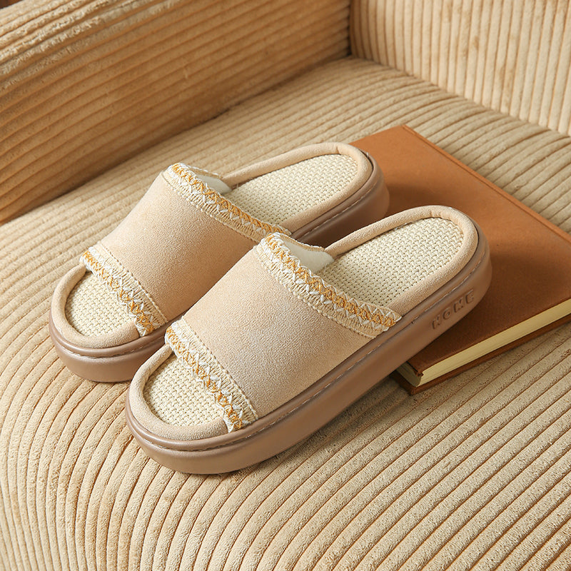 Women's tan suede boho slides with cushioned EVA sole and artisanal contrast stitching