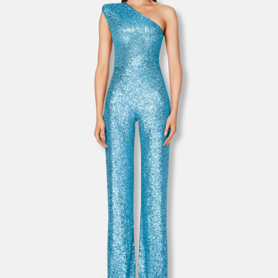 Women's silver sequined one-shoulder wide-leg jumpsuit sleeveless glamorous eveningwear flowing silhouette