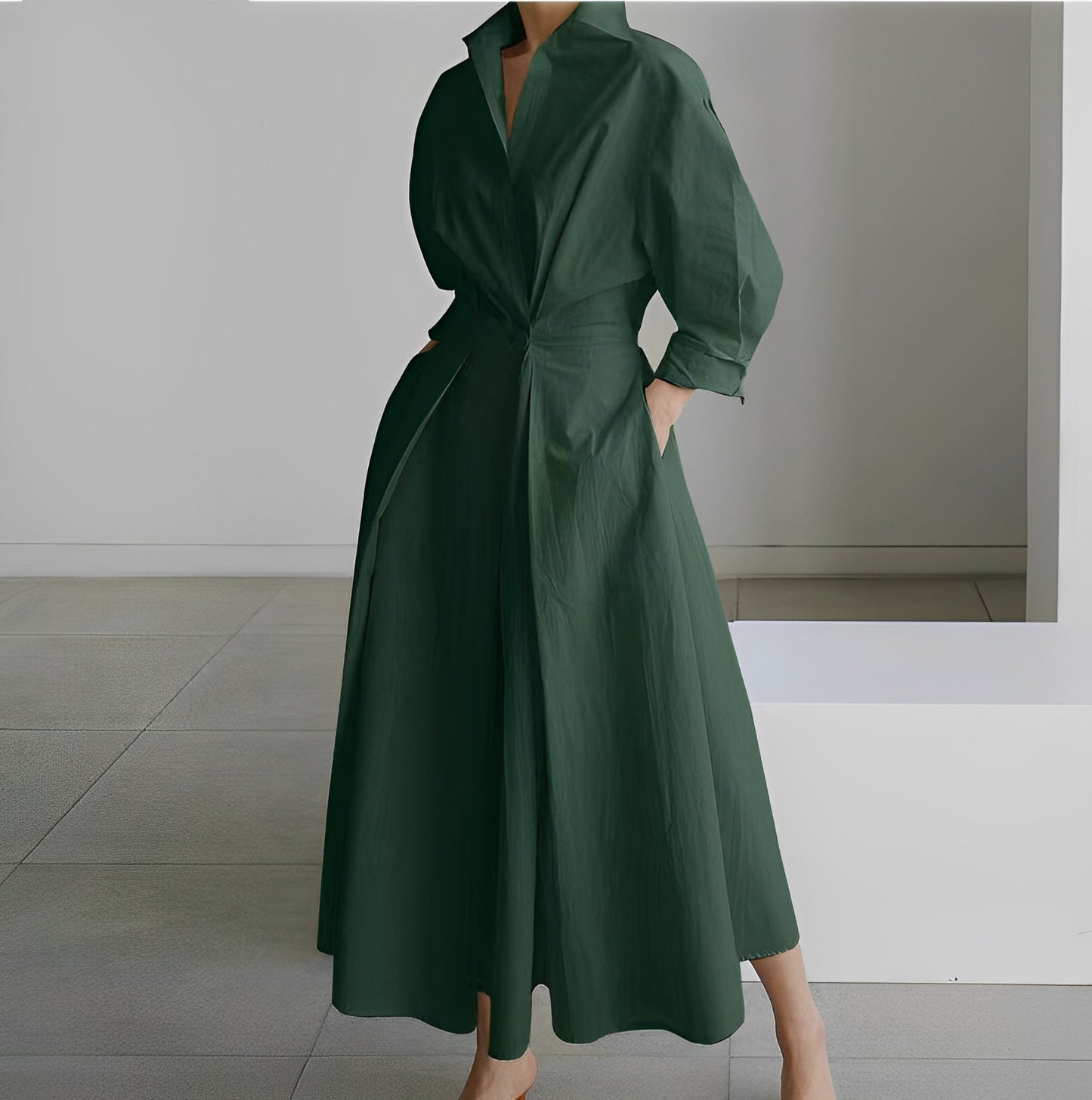 Women's white maxi shirt dress minimalist style with belted waist and flared hem