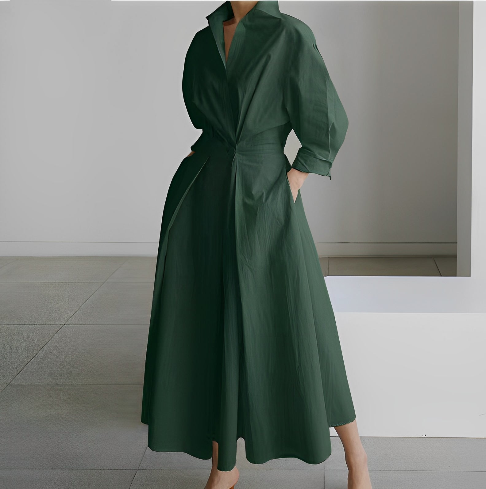 Women's white maxi shirt dress minimalist style with belted waist and flared hem
