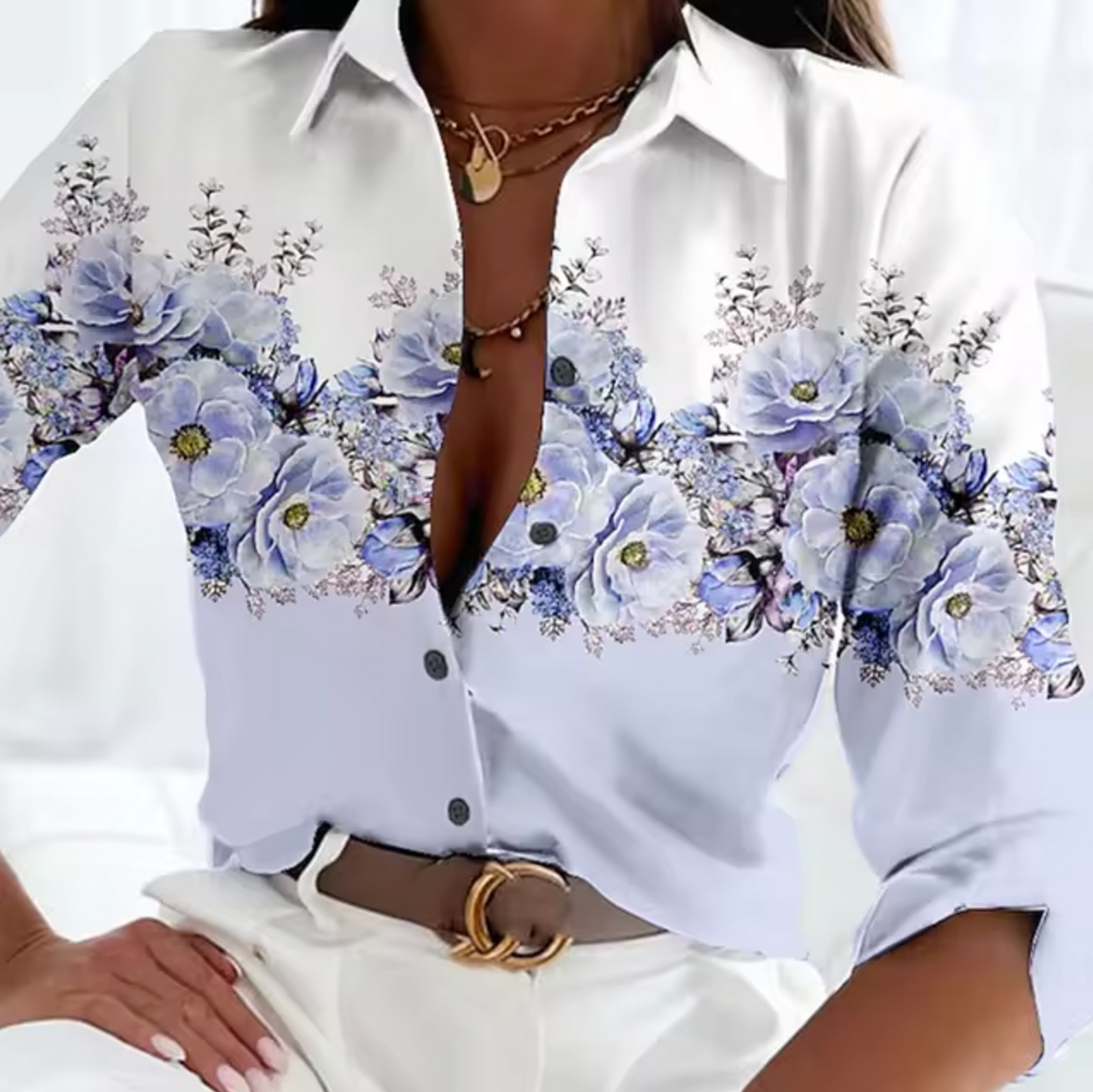 Women's loose fit floral button-up blouse, lightweight long sleeve top with breathable fabric