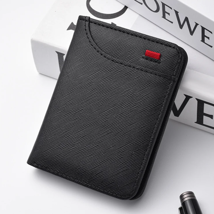Slate vertical slim card holder wallet with clear ID window and cash sleeve for everyday carry