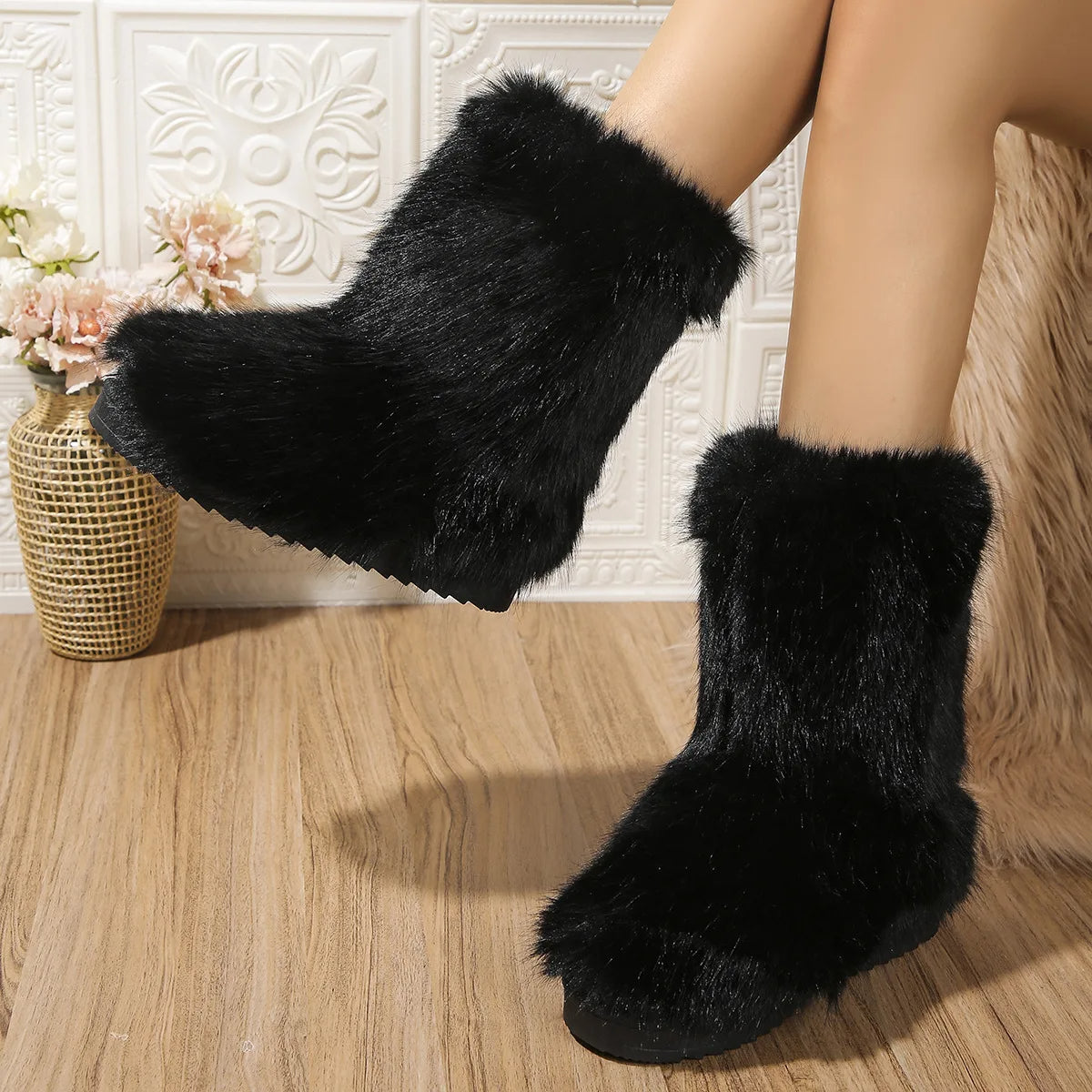 Black faux fur mid-calf slip-on boots with plush exterior and anti-slip sole for women