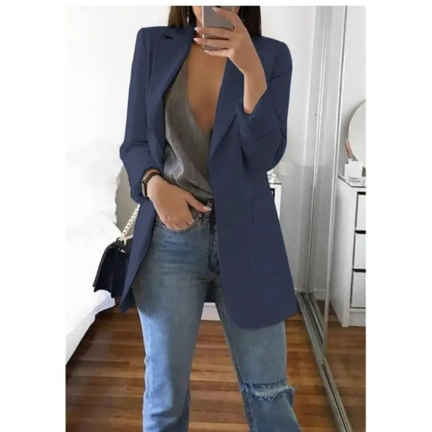 Women's long khaki blazer tailored fit elegant office style all-day comfort refined silhouette