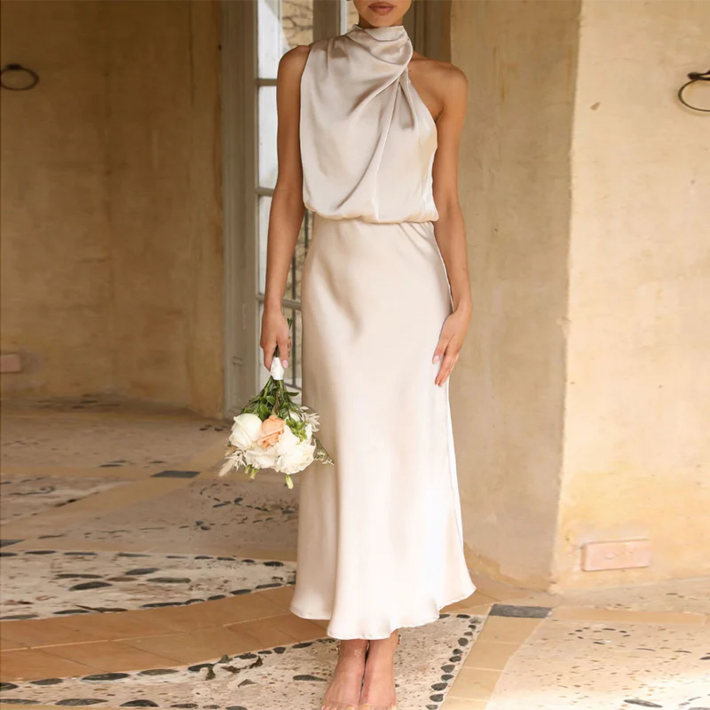 Women's satin-look halterneck evening dress fitted waist glamorous gala style polyviscose blend