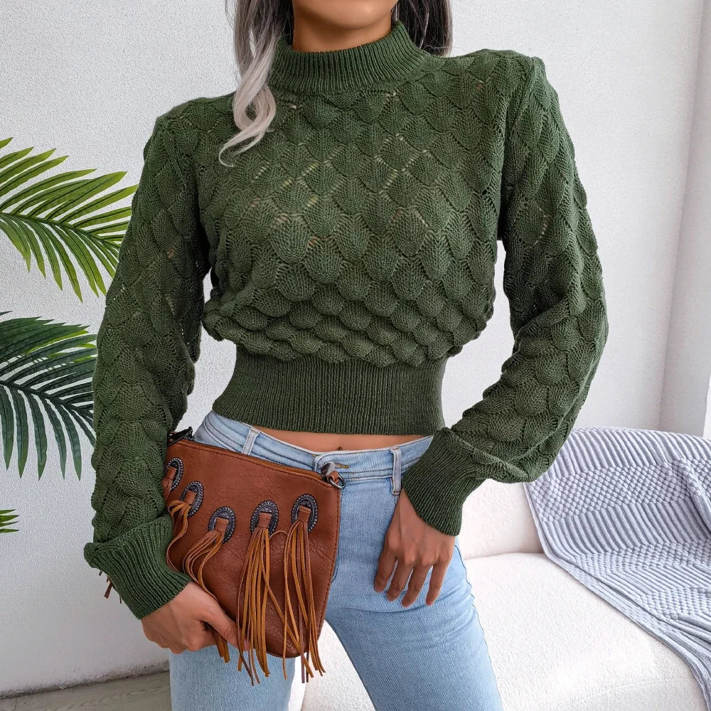 Women's cream bubble texture knit pullover with mock neck, puff sleeves, and relaxed cropped silhouette