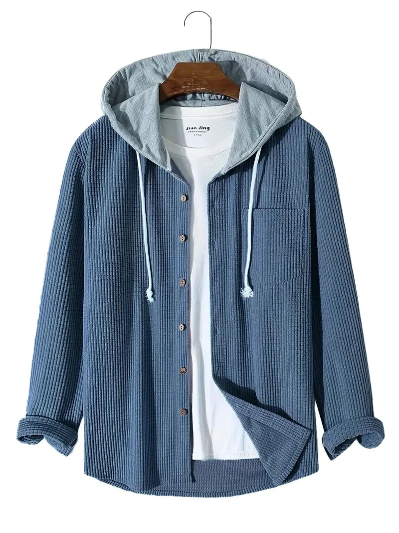 Men's relaxed waffle knit hoodie shirt in soft cotton blend with built-in hood and button-up front