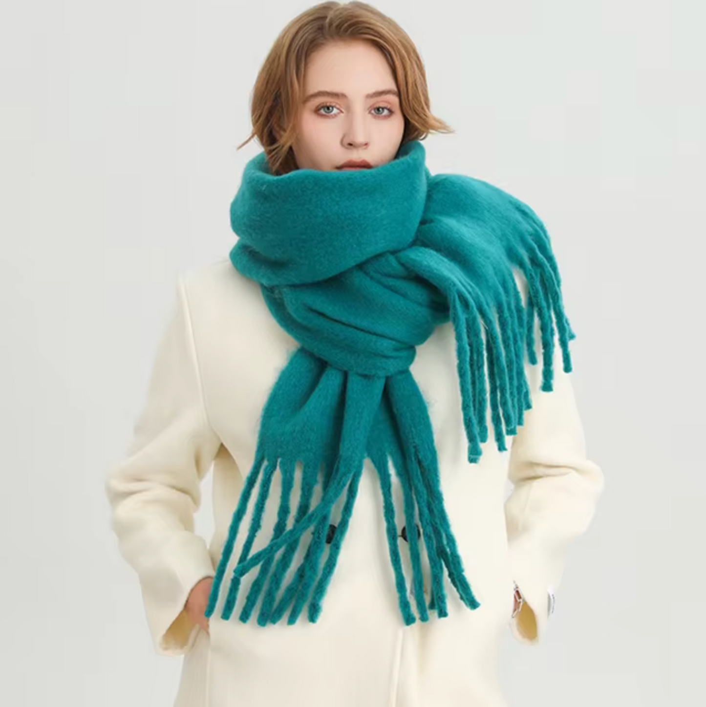Women's cashmere-like pashmina winter scarf with long fringe, solid color, soft wrap style