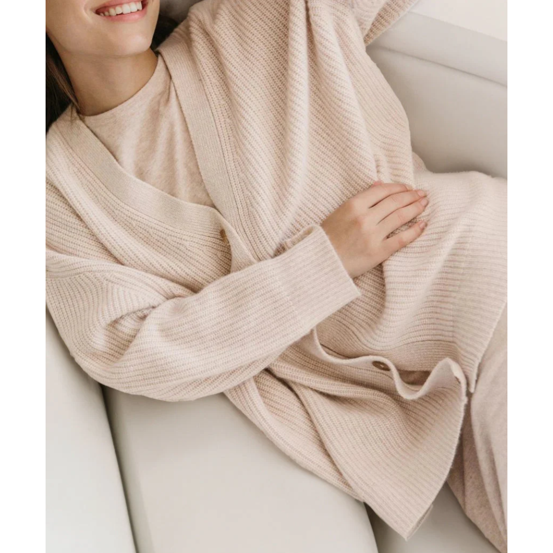 Women's long ribbed knit cardigan relaxed fit V-neck button closure versatile layering essential