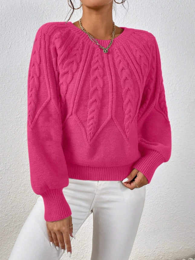 Women's cropped cable knit sweater with balloon sleeves in mid-weight knit elongating silhouette