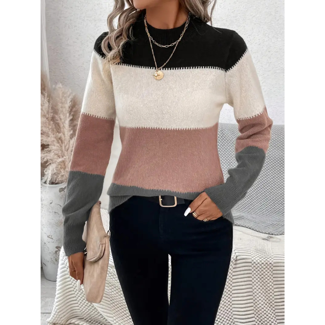 Women's wool knit pullover sweater color block crew neck regular fit versatile fall winter style