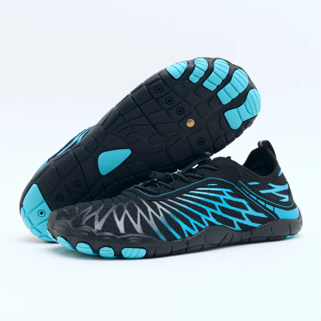 Urbann-Vibe barefoot hiking shoes in neutral tones with copper grounding elements and wide toe box